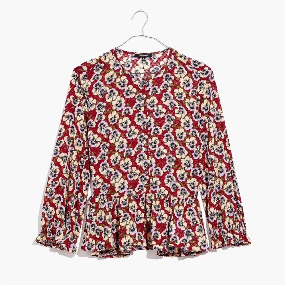 Madewell Drawstring Ruffle-Hem Top in Viola Floral EUC XS Pansy Dusty Burgundy - Picture 1 of 12